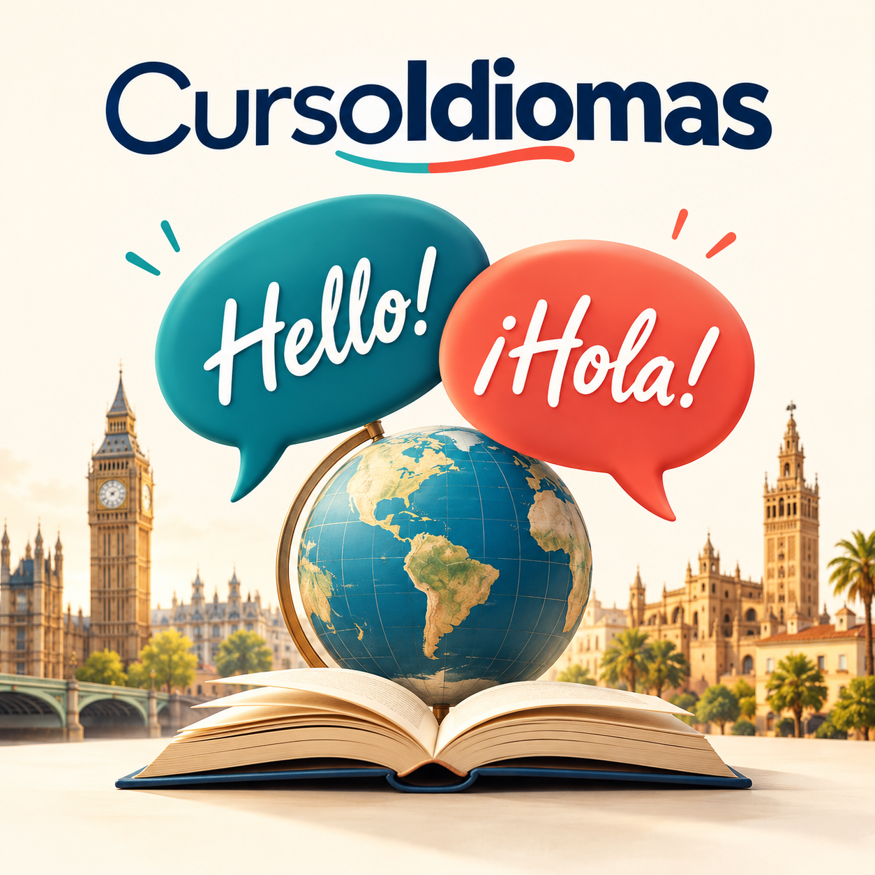 Capa do CursoIdiomas com um globo, livro aberto e saudações em inglês e espanhol